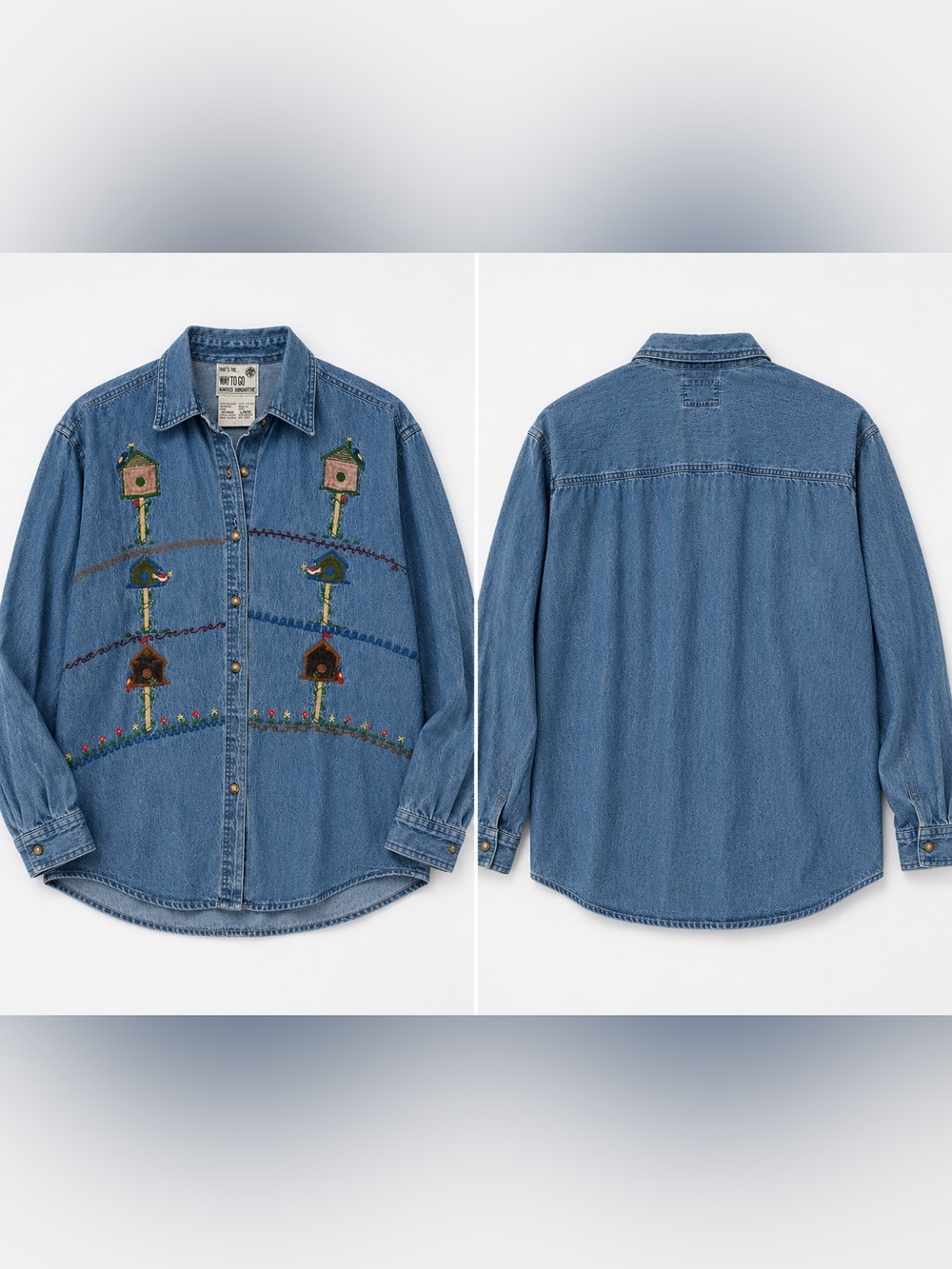 Vintage Birdhouse Embroidered Denim Shirt Large Cottagecore Prairie Garden Art - Picture 1 of 11